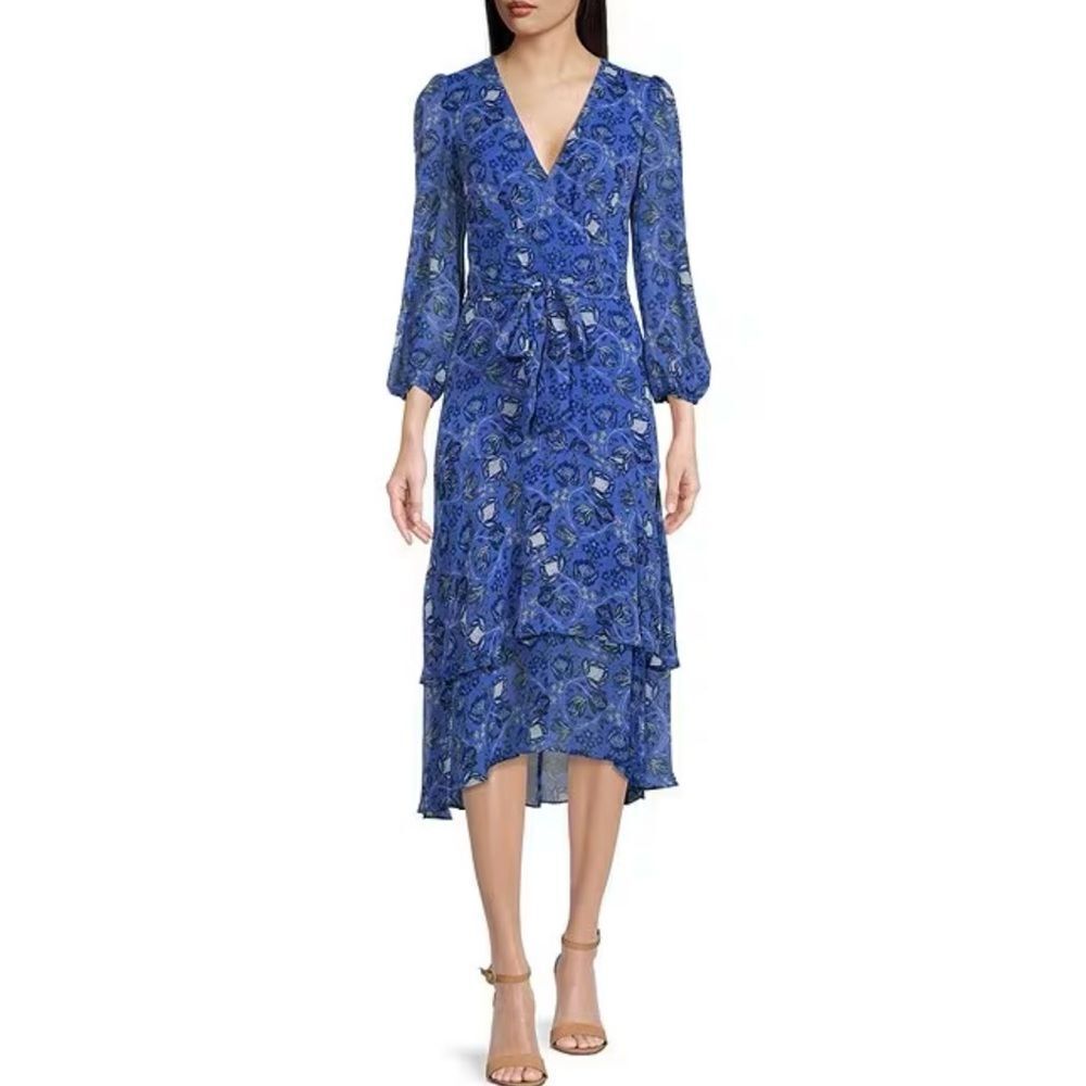 ELIZA J Floral Print Balloon Sleeve Ruffle Tiered Skirt Wrap Midi Dress - Picture 1 of 7